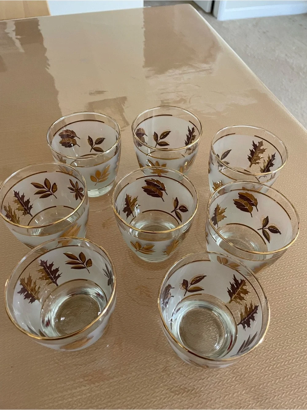 Vintage MCM Libbey Frosted Golden Foliage Glasses.     Set of 8